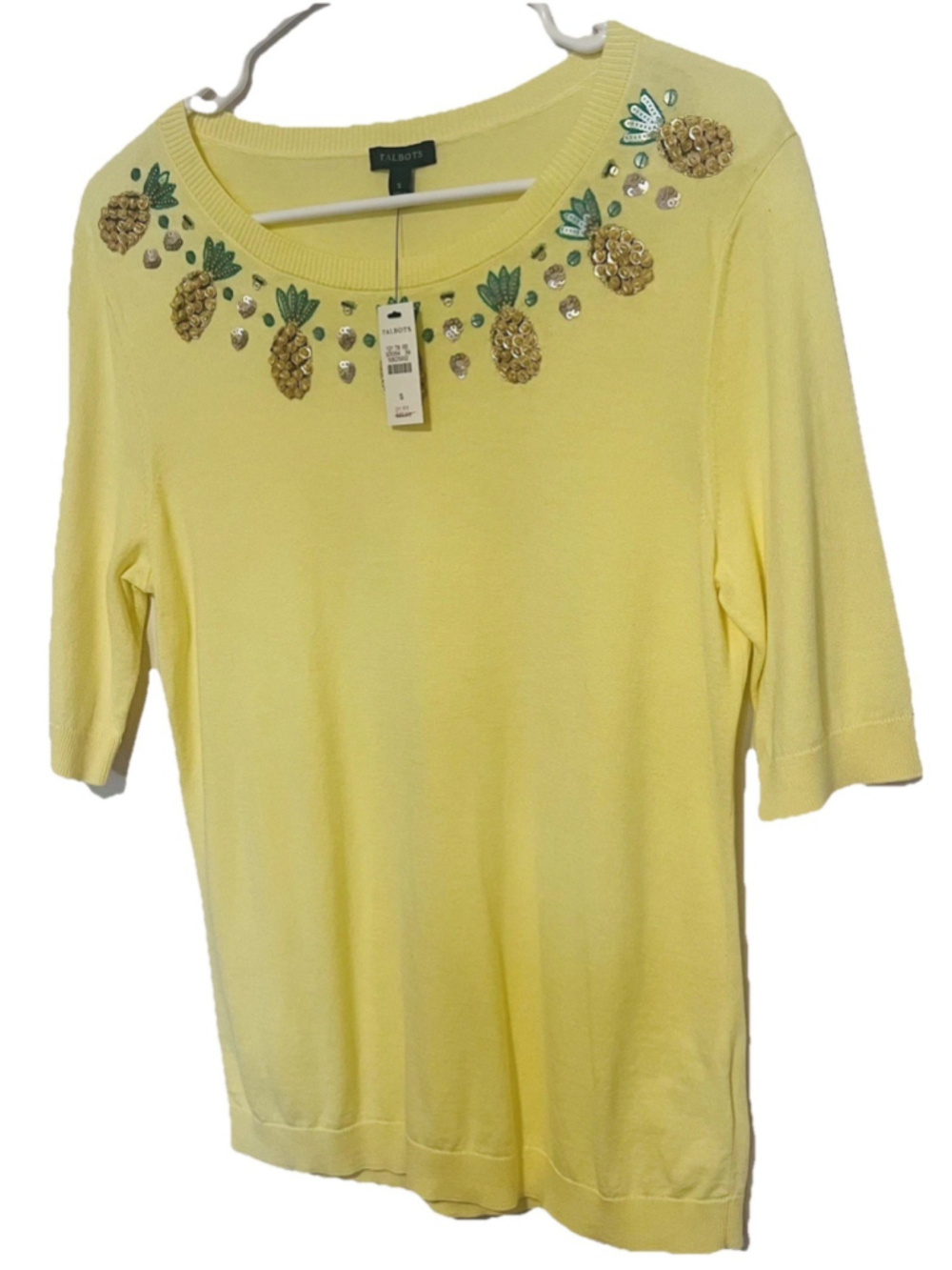 NWT Talbots Beaded Pineapple Sweater Women’s Small Yellow Embellished Top - Picture 2 of 4